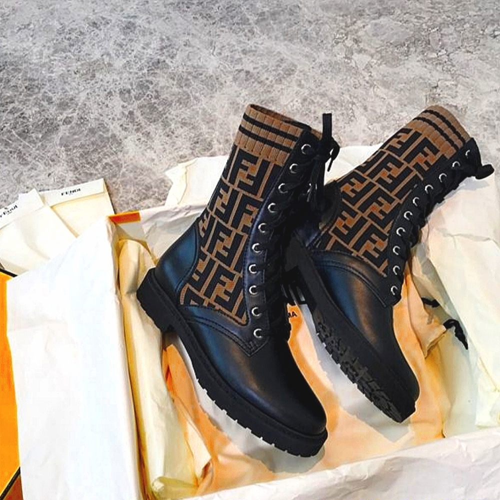 NWT Authentic Fendi Rockoko Knit Leather Combat Boots size EU 36.5/ US 6